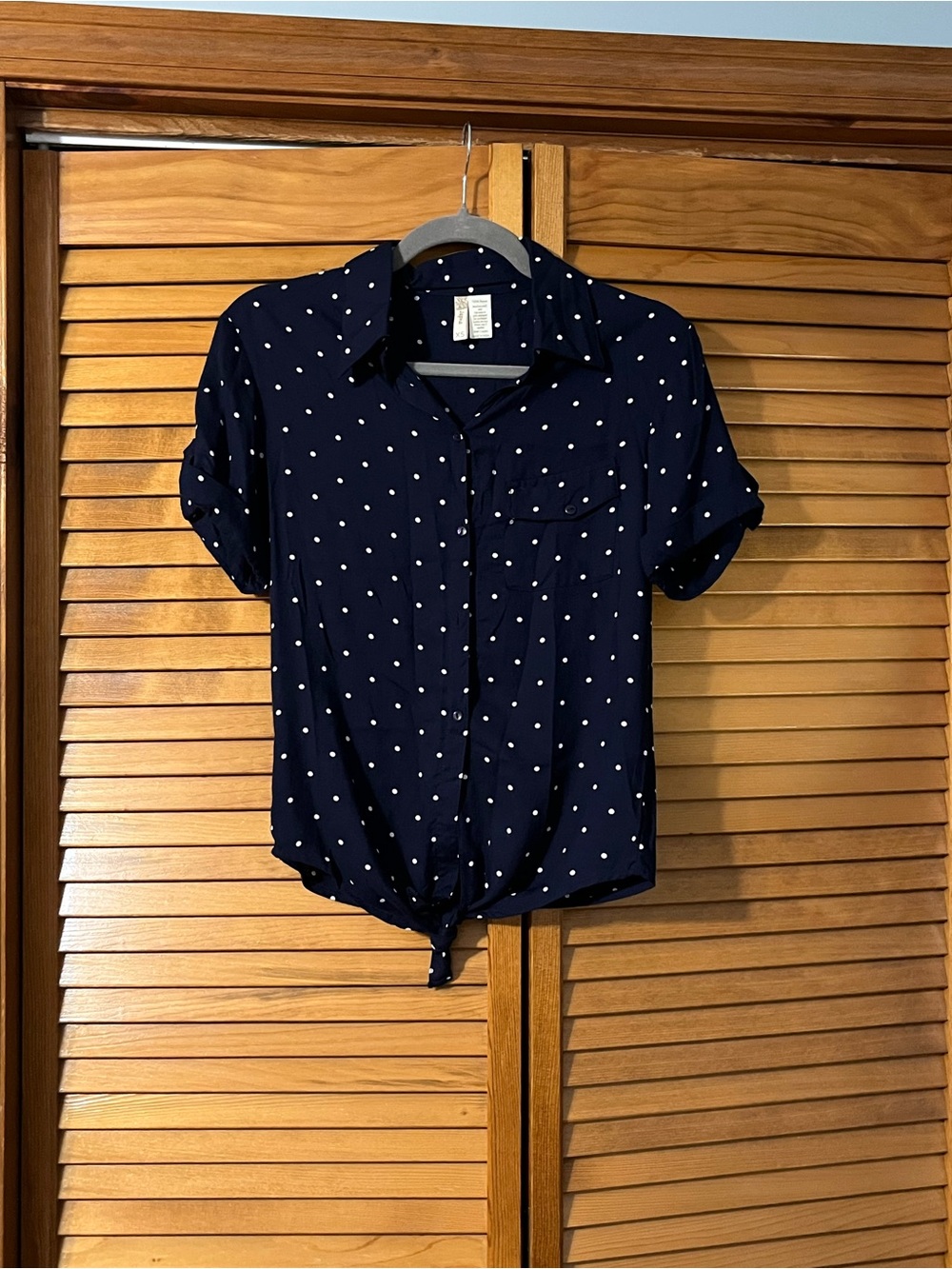 Japna Navy Polka Dot Button-Front Tie Hem Shirt